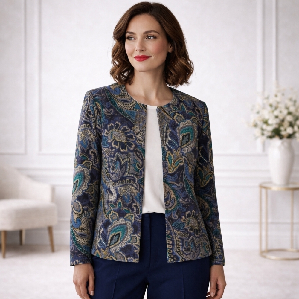 Tanjay Blue and Gold Paisley Print Full Zip Lightweight Jacket Top